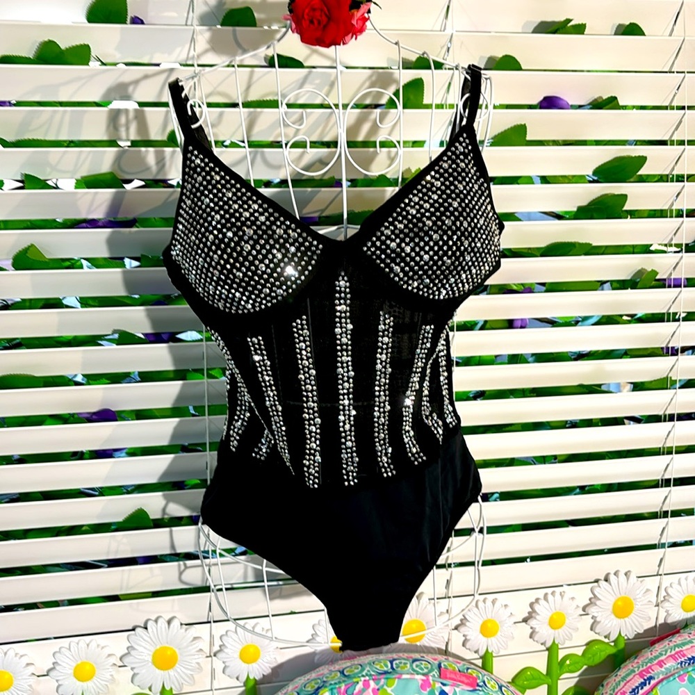 Aria sheer black with bright sparkling silver bling bodysuit